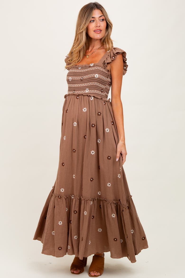 Floral Embroidered Smocked Maxi Dress, Alternate, color, Mocha