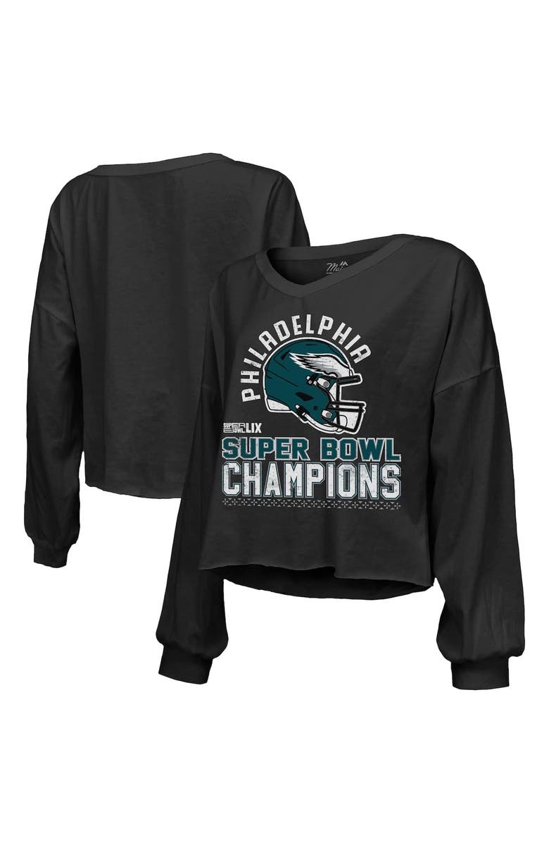 Majestic Threads Women's Majestic Threads Black Philadelphia Eagles Super Bowl LIX Champions Hard Count Off Shoulder V-Neck Long Sleeve T-Shirt, Main, color,