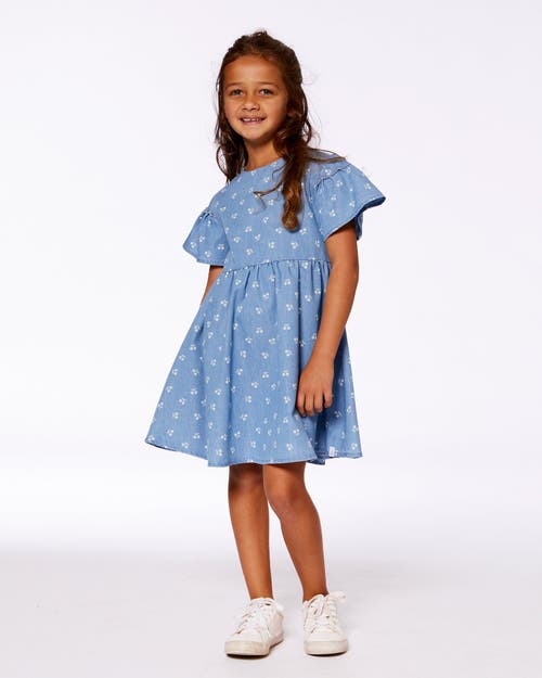 Deux Par Deux Girl's Printed Chambray Dress Blue And White Cherries In Blue And White Cherries