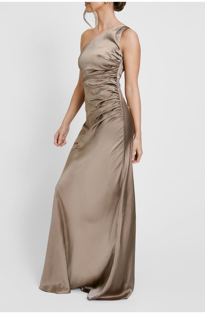 Six Stories One Shoulder Gathered Bridesmaid Dress, Alternate, color, Truffle