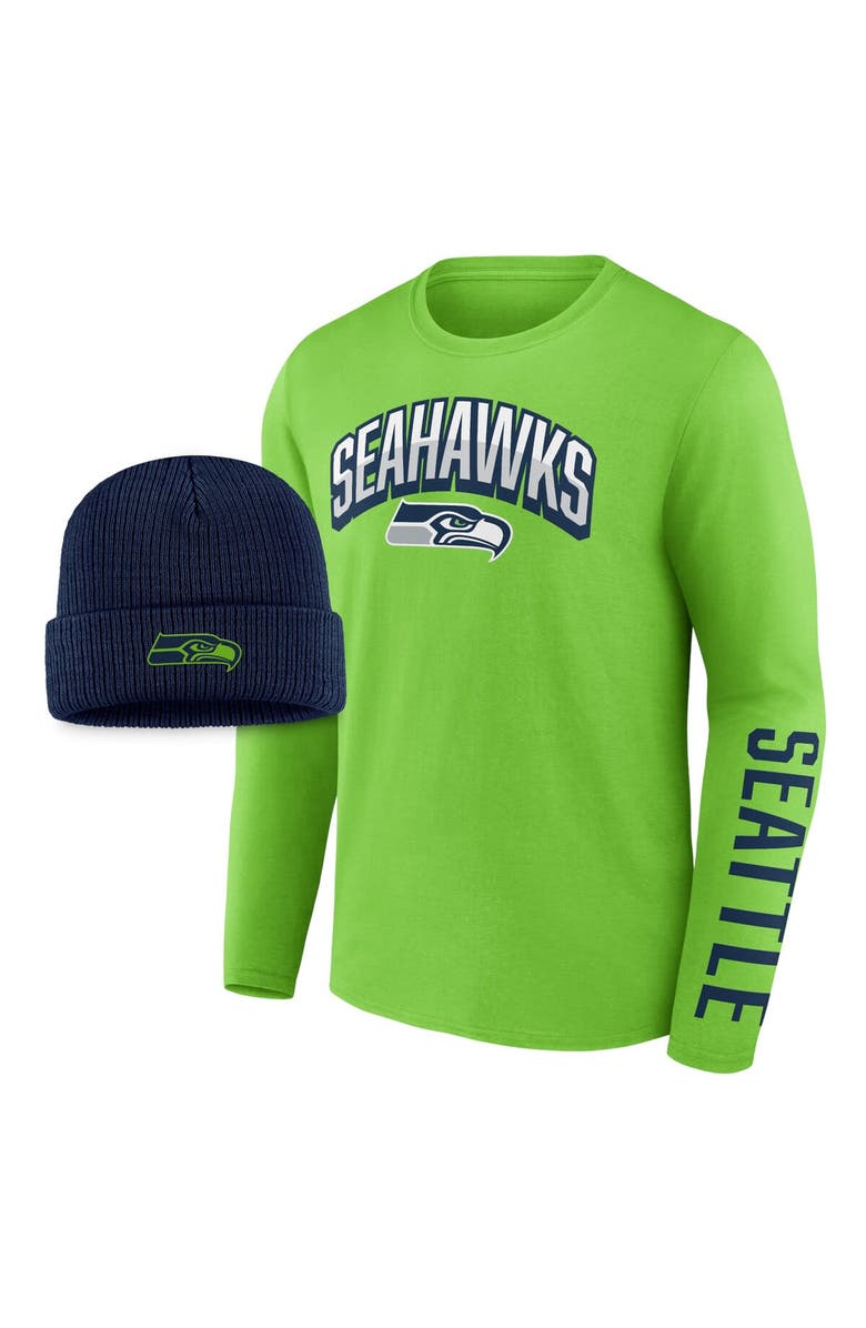FANATICS Men's Fanatics Branded Neon Green/College Navy Seattle Seahawks Long Sleeve T-Shirt & Cuffed Knit Hat Combo Pack, Main, color, 