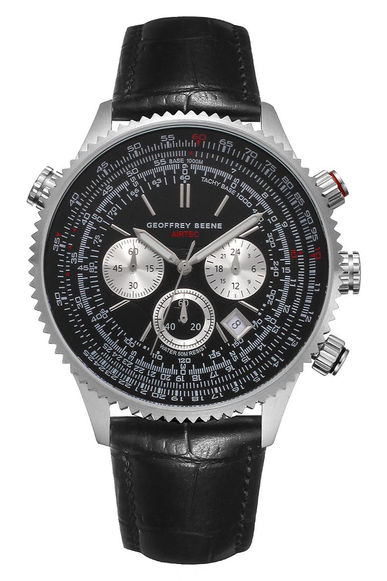 Pilot Leather Strap Chronograph Watch, 46mm, Main, color, BLACK/ SILVER