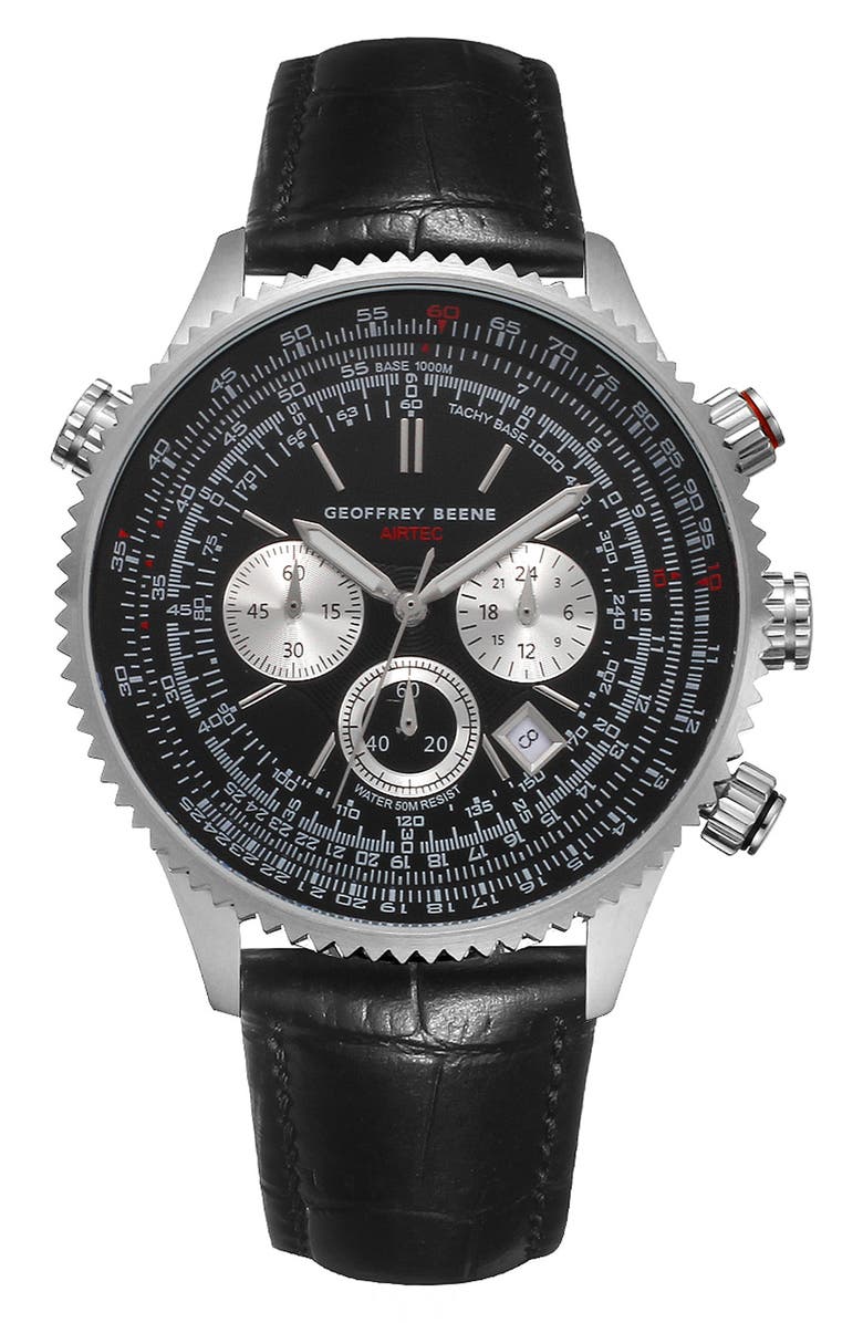 GEOFFREY BEENE Pilot Leather Strap Chronograph Watch, 46mm, Main, color, Black/ Silver