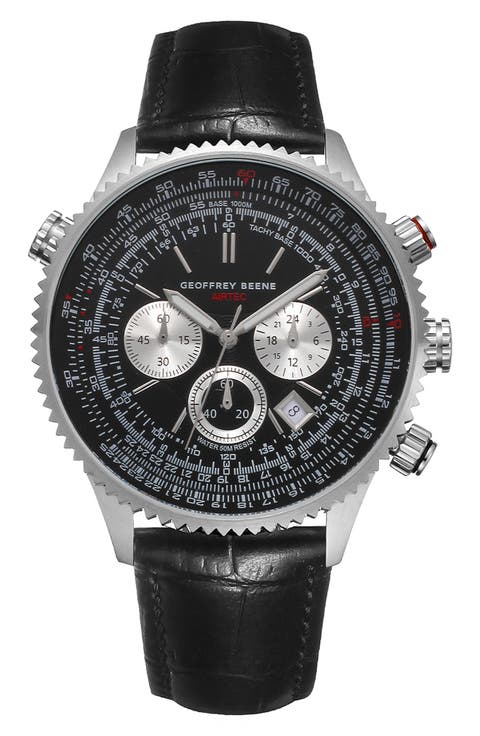 Pilot Leather Strap Chronograph Watch, 46mm