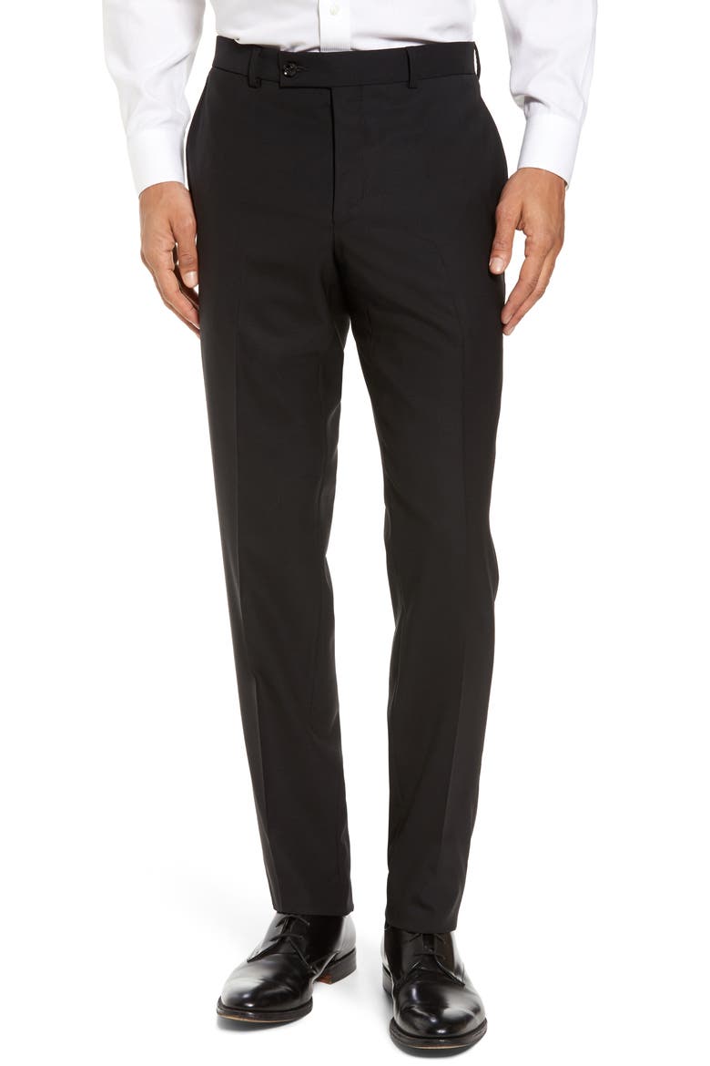 Jefferson Trim Fit Flat Front Wool Dress Pants, Main, color, BLACK