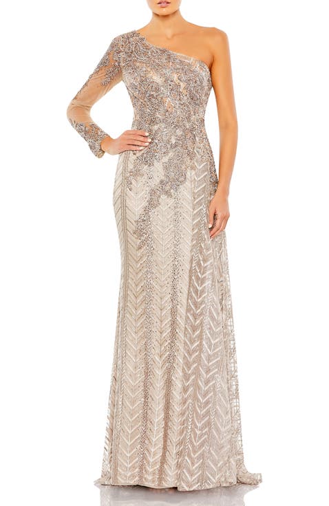 Hand-Embellished Gown with Floral Beaded Mesh & Chevron Sequin Detailing