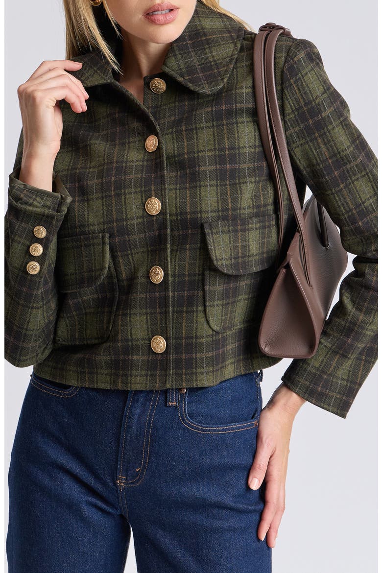 Knit Jacquard Button Front Collared Jacket, Main, color, GREEN PLAID