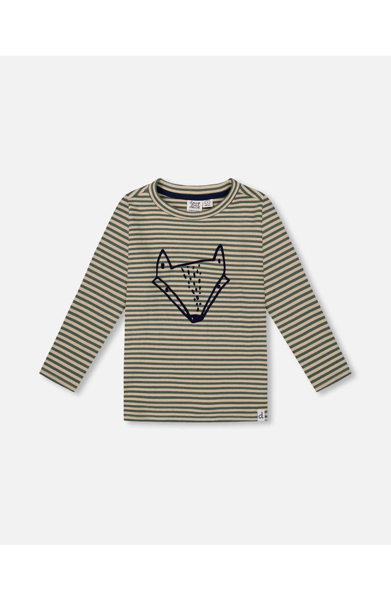 Deux par Deux Little Boy's Super Soft Striped T-Shirt With Print Green And Beige, Main, color, 