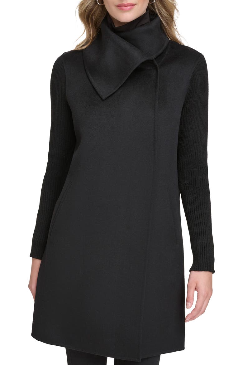 Rib Sleeve Mixed Media Coat, Main, color, BLACK