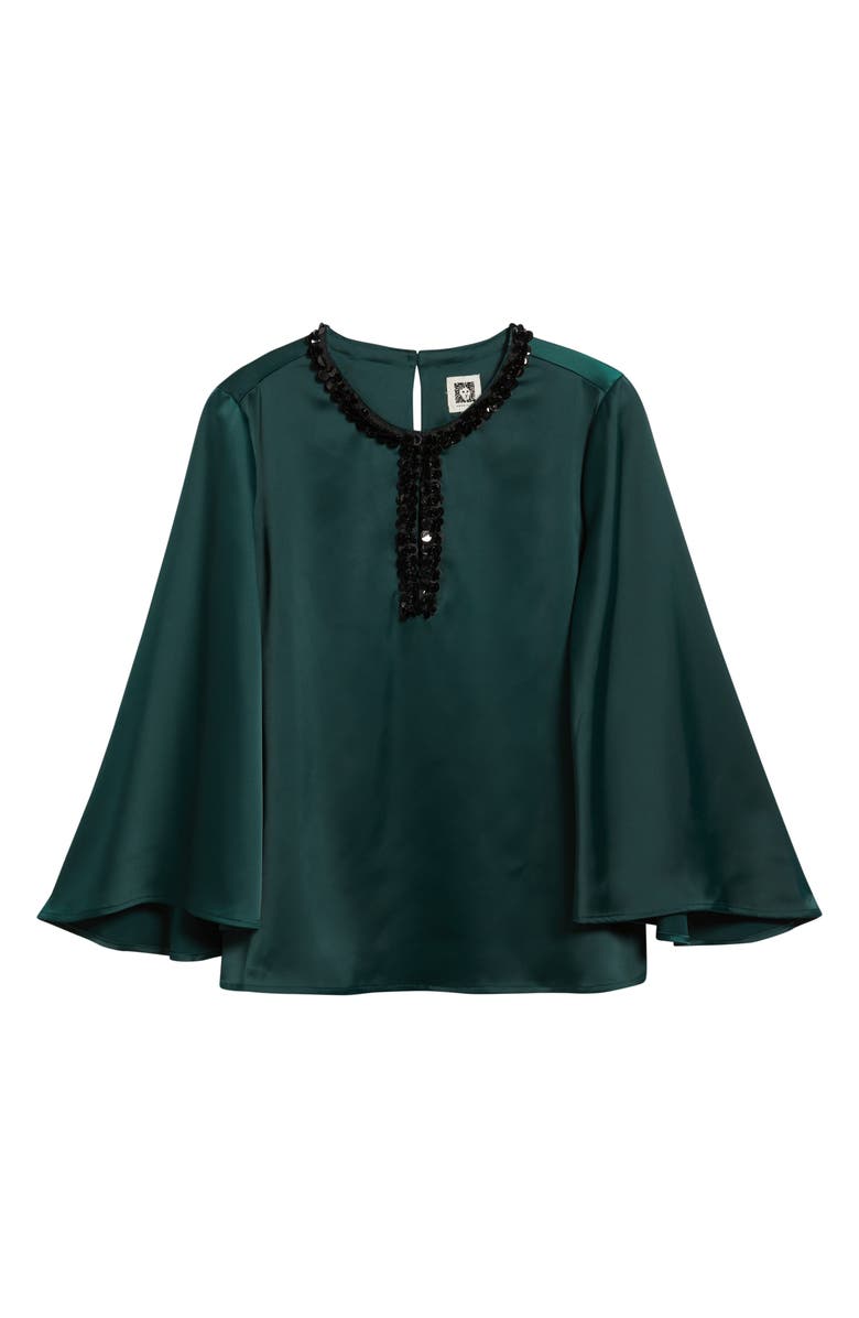 Anne Klein Sequin Accent Flutter Sleeve Satin Top, Alternate, color, Pine Forest