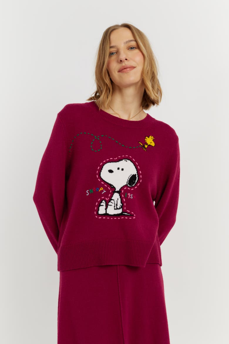 Wool-Cashmere Snoopy Embroidered Sweater, Alternate, color, Cherry
