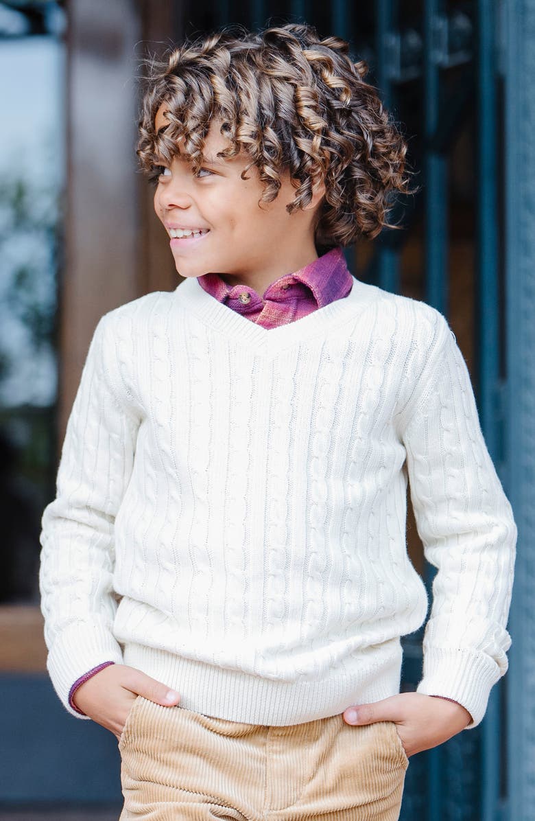 Hope & Henry Kids' Organic Long Sleeve V-Neck Cable Sweater, Alternate, color, Ivory Cable