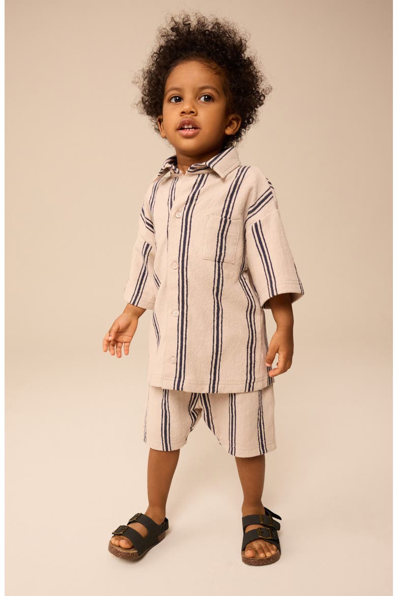 Kids' Stripe Knit Short Sleeve Cotton Button-Up Shirt & Drawstring Shorts Set, Alternate, color, NEUTRAL