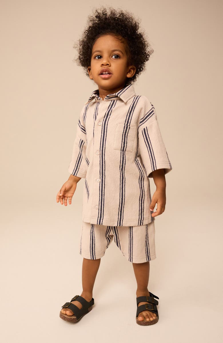 NEXT Kids' Stripe Knit Short Sleeve Cotton Button-Up Shirt & Drawstring Shorts Set, Alternate, color, Neutral