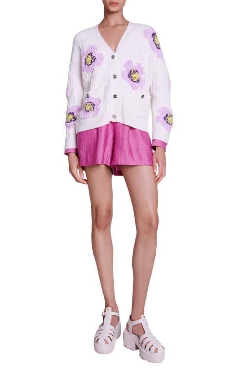 Maje Floral-intarsia Cable-knit Cardigan In Sand