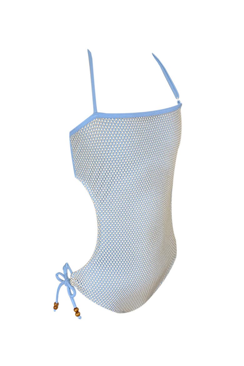 Mesh Overlay Cut-Out with Beaded Ties One-Piece Swimsuit, Alternate, color, Blue