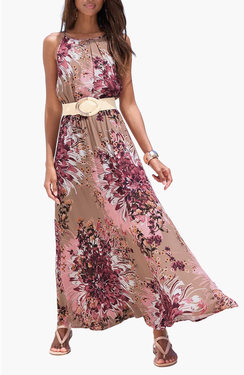 LASCANA Women's High Neck Sleeveless Maxi Dress, Main, color, Taupe Berry