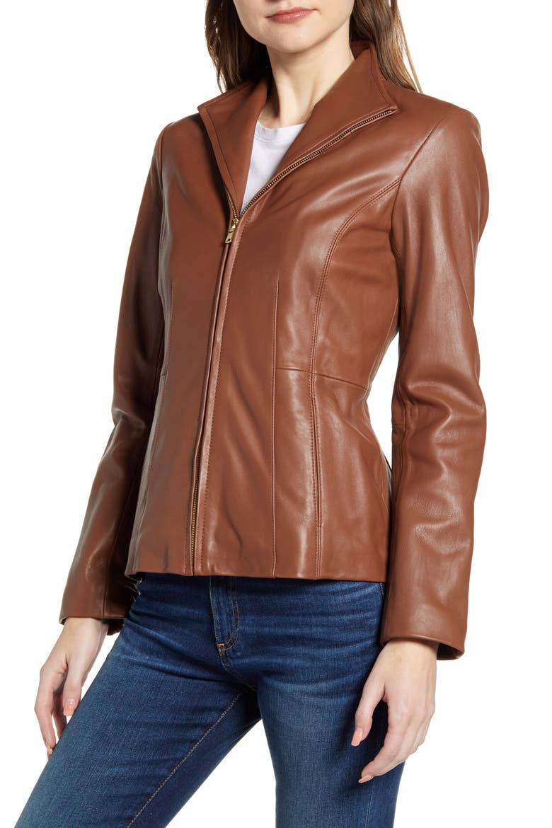 Cole Haan Lambskin Leather Jacket, Alternate, color, HICKORY