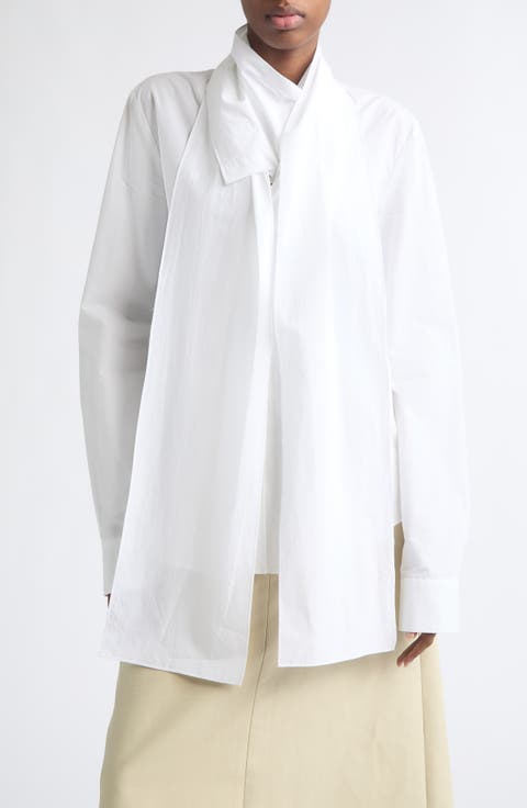 Layered Scarf V-Neck Cotton Blouse