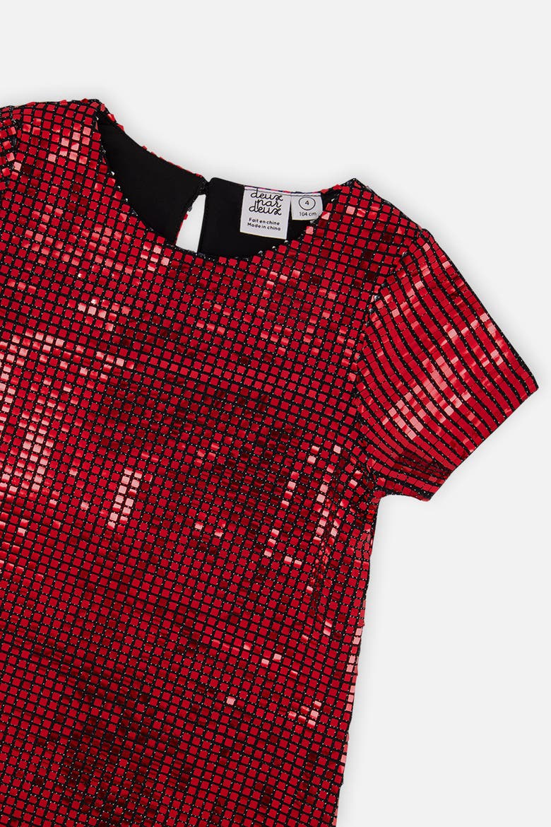 Short Sleeve Lurex Jersey Polyknit A-Line Dress, Alternate, color, Rouge
