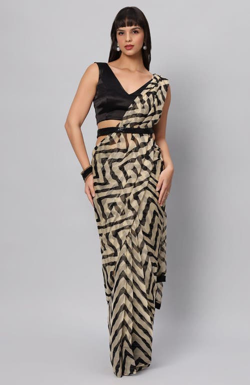 ONE MINUTE SAREE® ONE MINUTE SAREE® MAYA CREAM & BLACK ZIGZAG GEORGETTE READY TO WEAR ONE MINUTE SAREE 