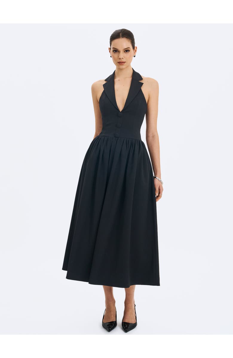 Miss Circle Delaney Lapel Halter Midi A-Line Dress, Alternate, color, Black