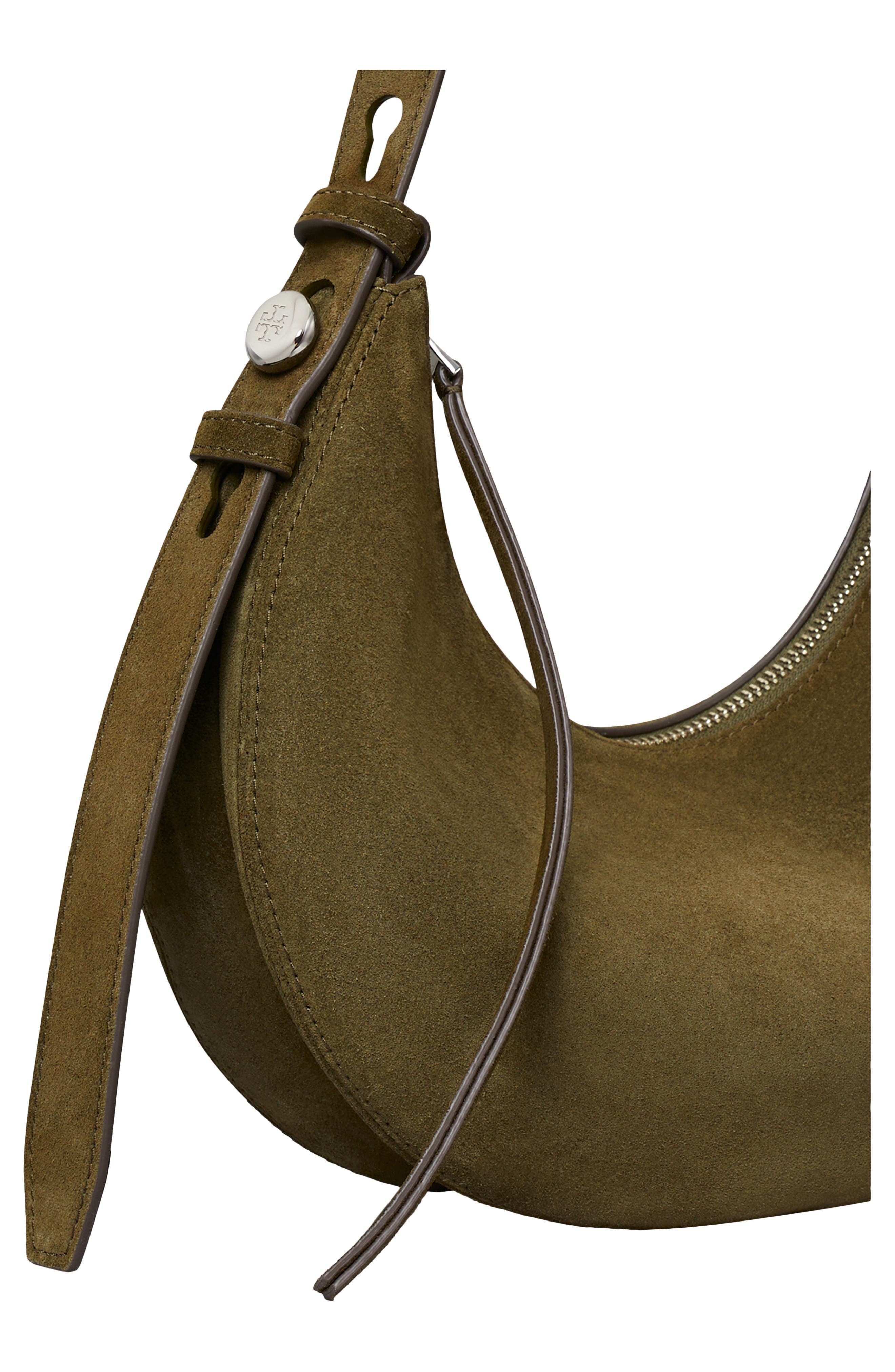Tory Burch Romy Suede Half Moon Shoulder Bag, Alternate, color, Leccio