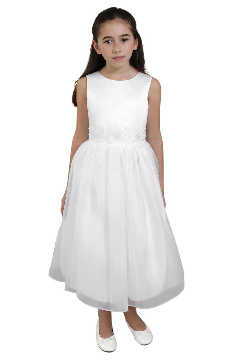 BLUSH by Us Angels Kids' Beaded Waist Satin Communion Dress, Main, color, White