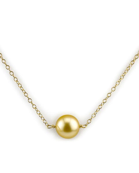 Golden Round Solitaire 14K Pearl Necklace