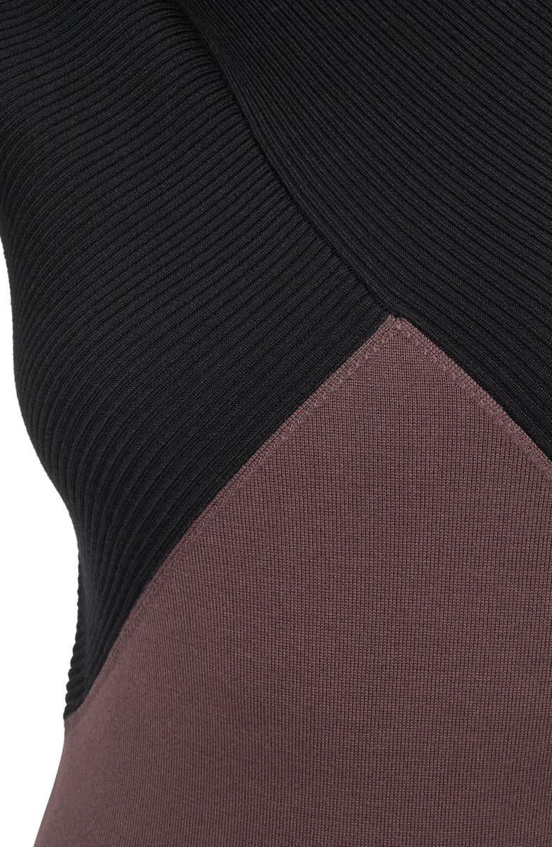 DKNY Colorblock Sliced Rib Short Sleeve Turtleneck Sweater Dress, Alternate, color, Black/Chocolate