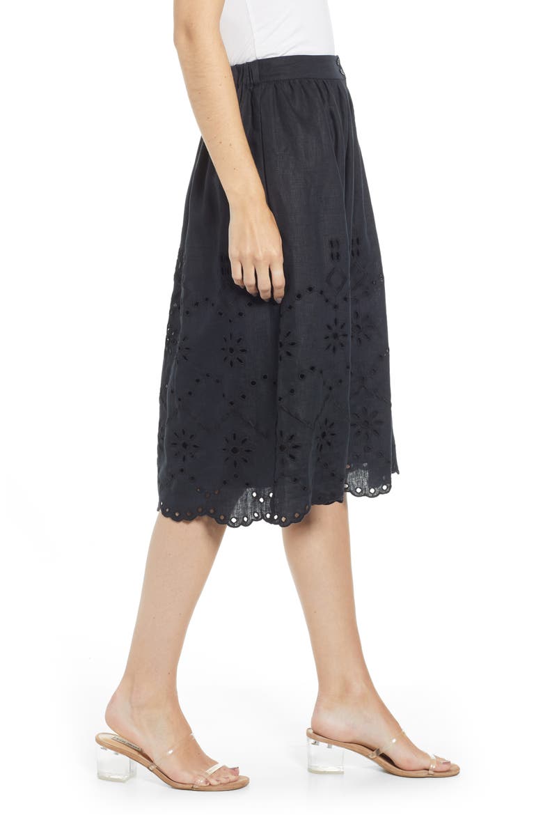Eyelet Linen A-Line Skirt, Alternate, color, BLACK