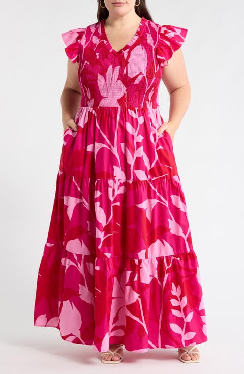 Mila Floral Sunfire Smocked Cotton Tiered Maxi Dress (Plus)