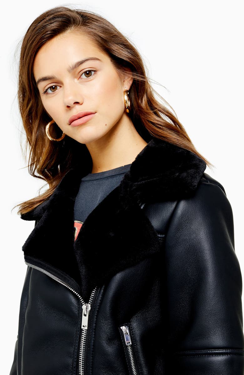 Topshop Cora Faux Shearling Biker Jacket, Alternate, color, 