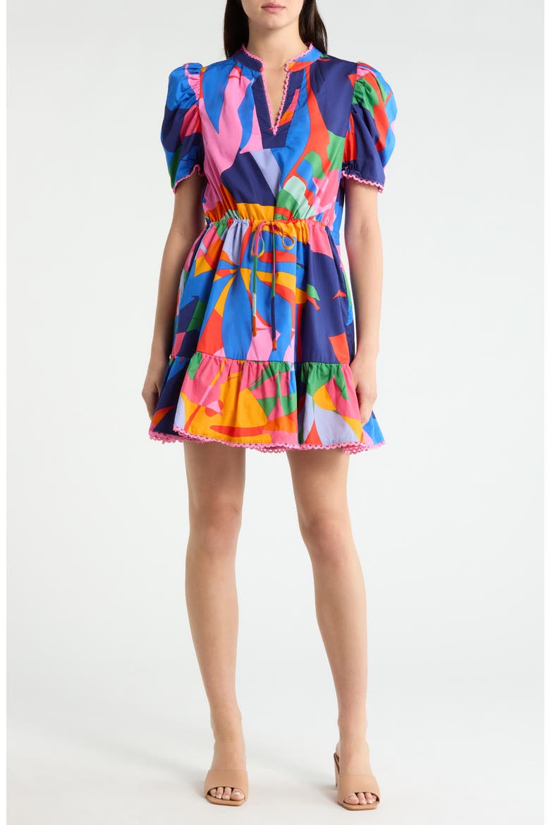 Chroma Lace Trim Puff Sleeve Drawstring Waist Cotton Dress, Main, color, RED-BLUE-MULTI
