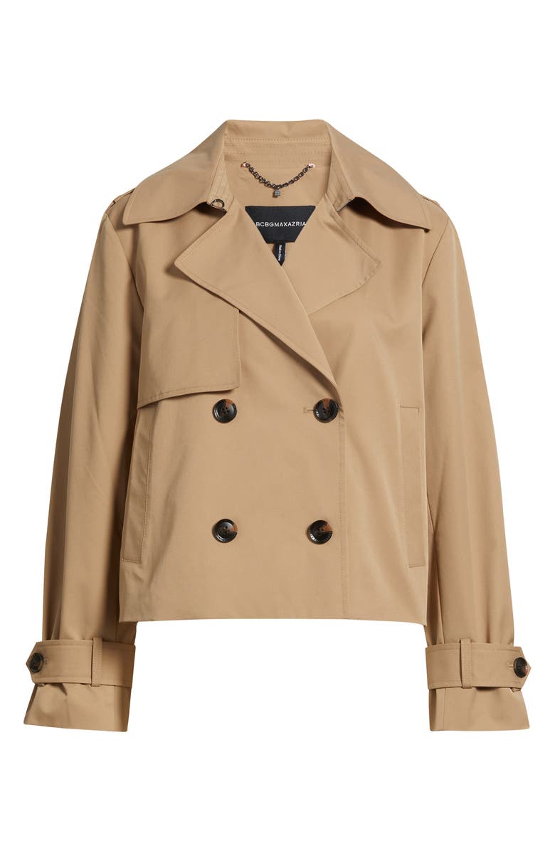 BCBG Floral Lining Short Trench Coat, Alternate, color, Camel