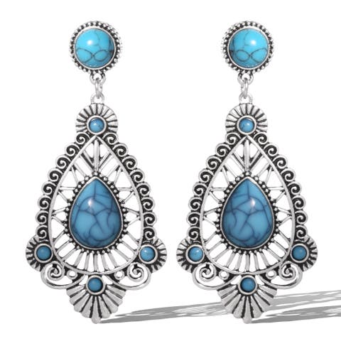 Silver-Tone Filigree Teardrop Earrings in Blue