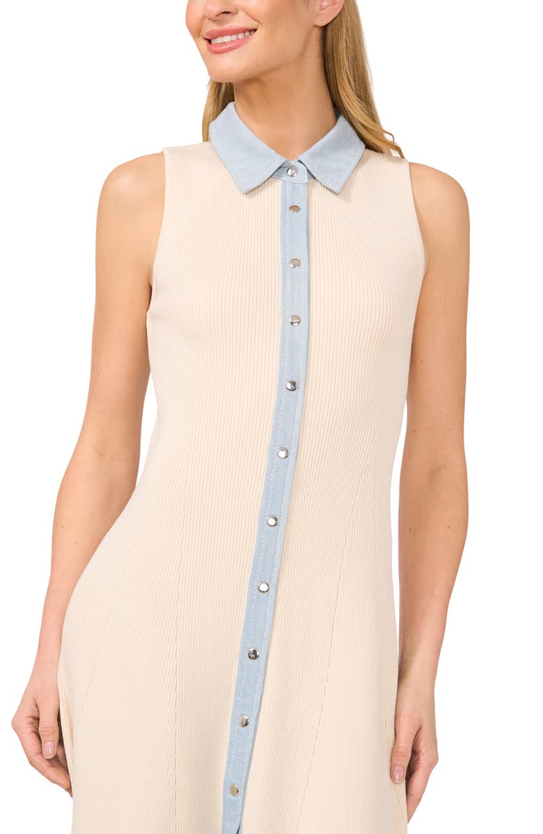 CeCe Rib Denim Trim Midi Shirtdress, Alternate, color, Swan