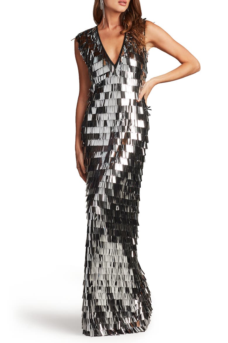 Sequin Fringe Sleeveless Gown, Main, color, SILVER/ BLACK
