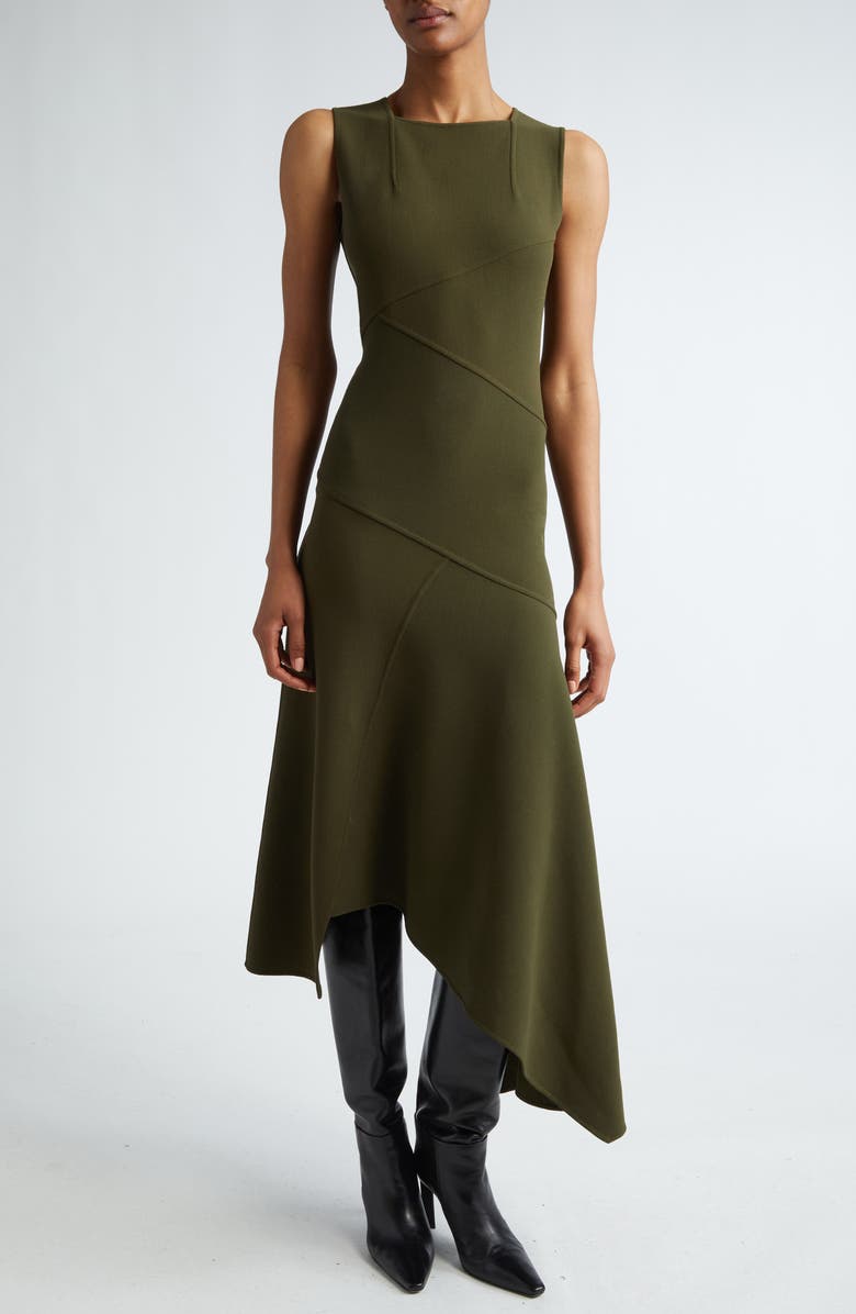 Michael Kors Collection Fitted Sleeveless Asymmetric Wool Knit Midi Dress, Main, color,
