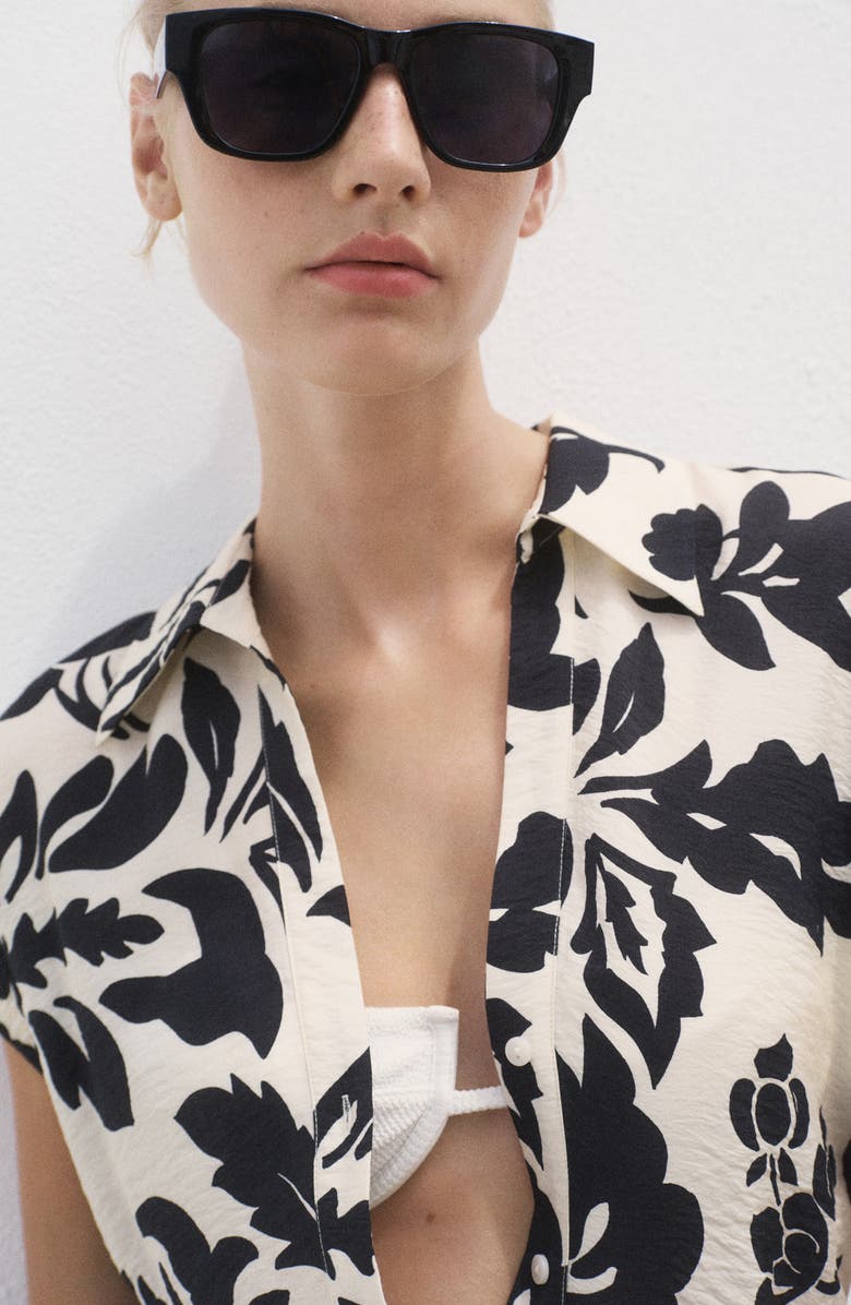 MANGO Floral Crinkle Tie Belt Shirtdress, Alternate, color, Off White