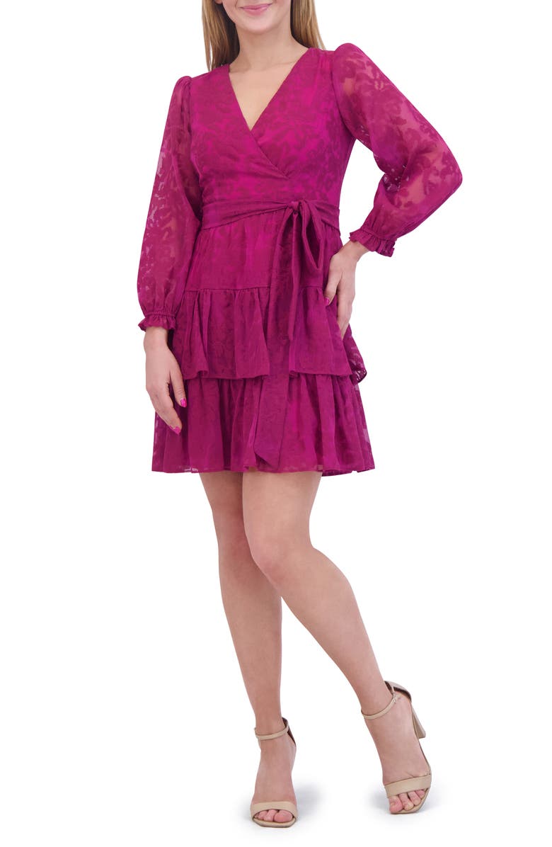 Eliza J Long Sleeve Tiered Faux Wrap Dress, Main, color, Berry