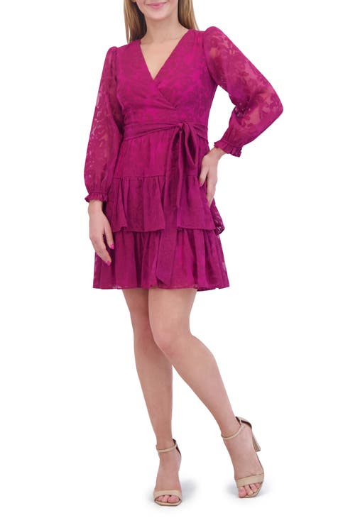 Long Sleeve Tiered Faux Wrap Dress