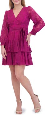 Eliza J Long Sleeve Tiered Faux Wrap Dress