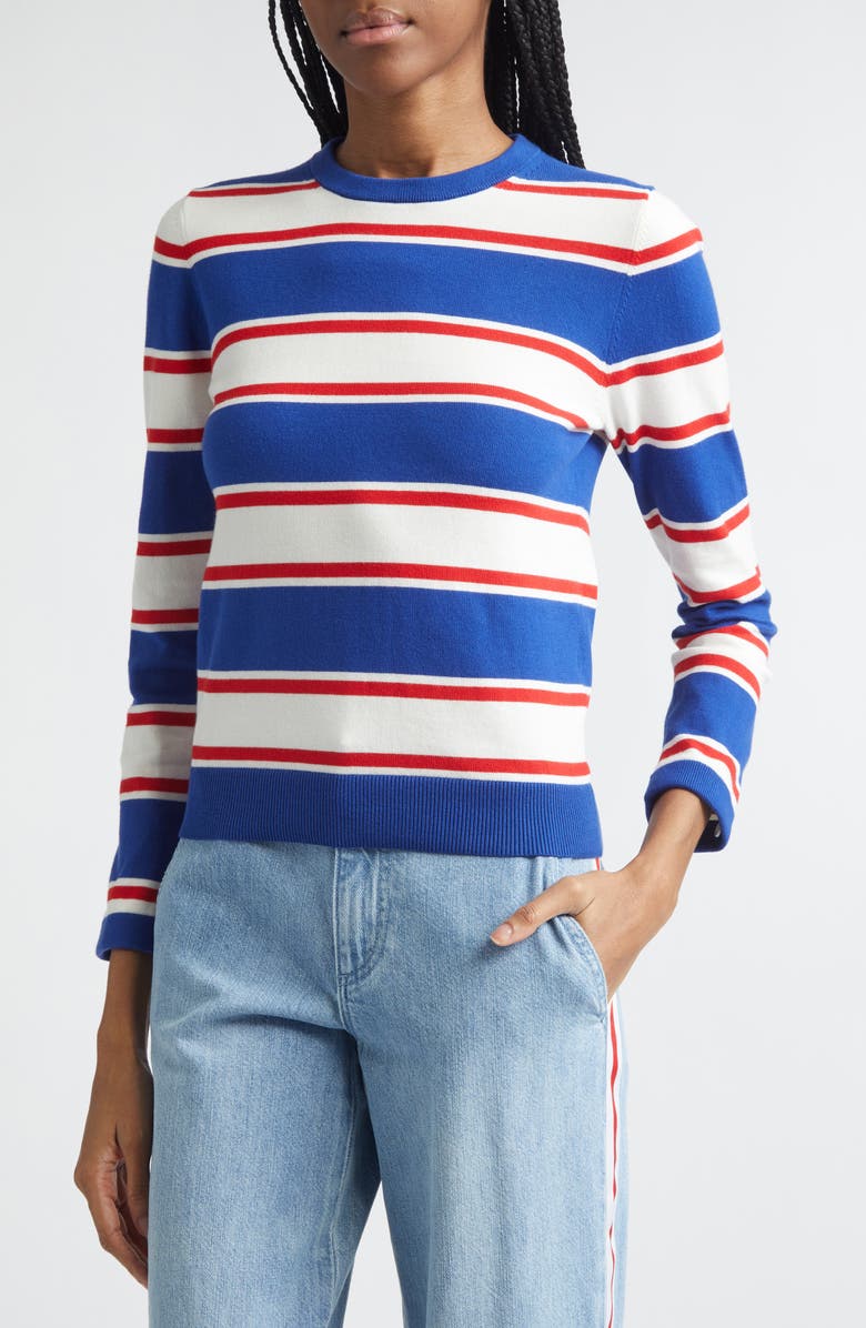 Alice + Olivia Porla Collared Stripe Cotton Blend Sweater, Alternate, color, Americana Stripe