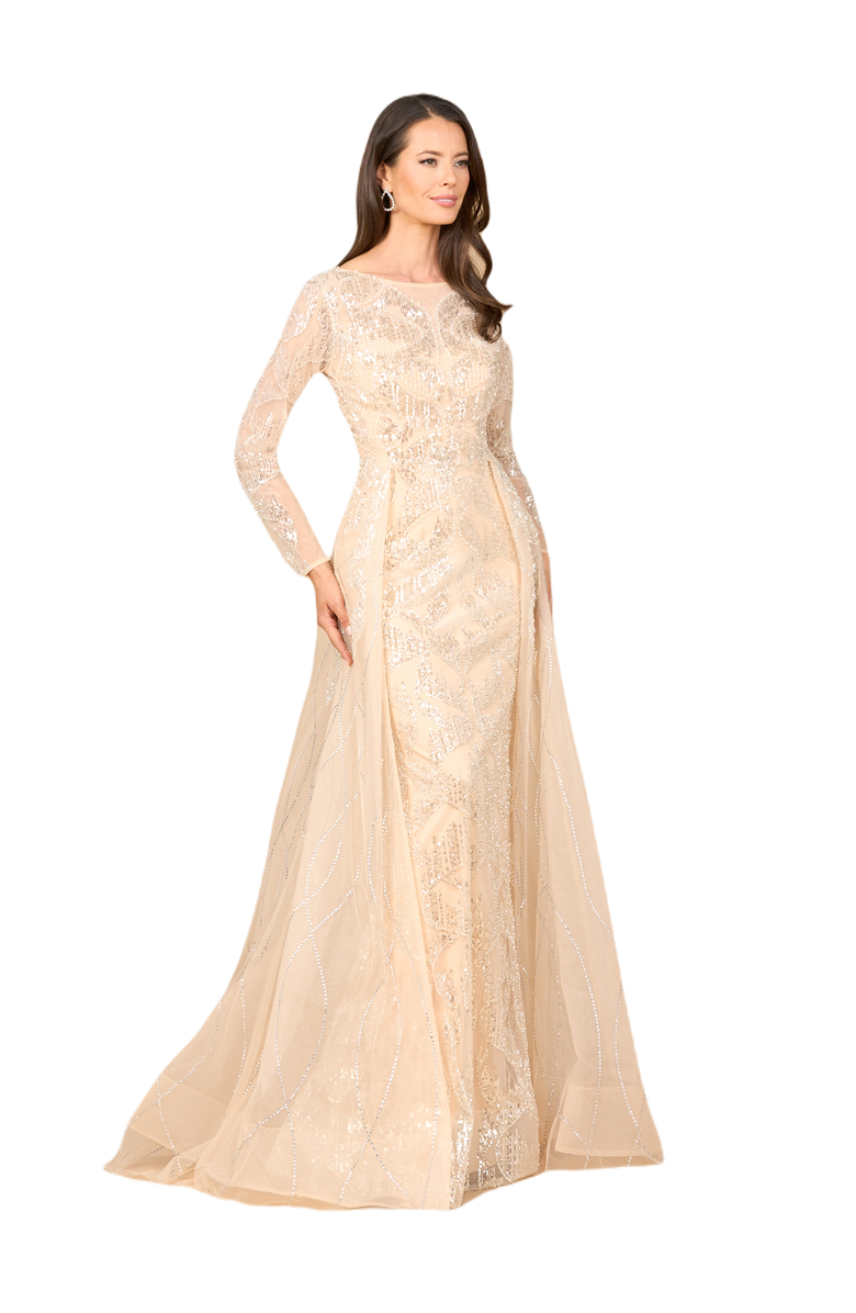 LARA New York Long Sleeve Gown with Overskirt & High Neck, Main, color, Champagne