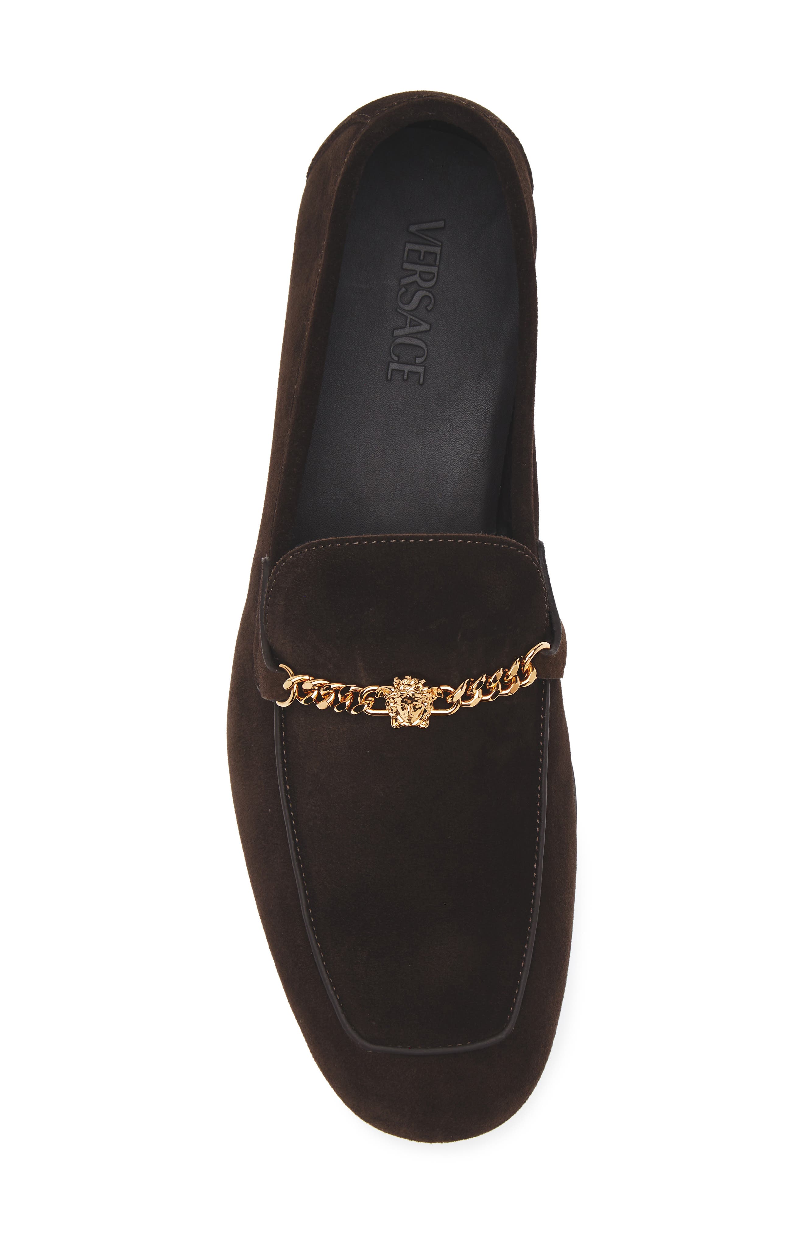 Versace Medusa Chain Suede Loafer, Alternate, color, Ebano-Versace Gold