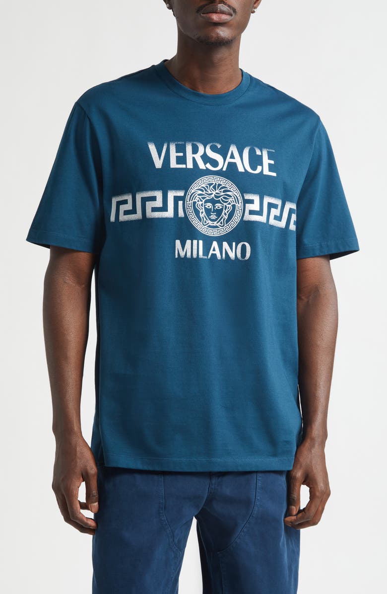 Versace Medusa Glitter Compact Cotton Jersey Graphic T-Shirt, Main, color, Petrol Blue