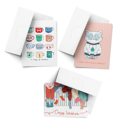 Christmas Mug, Cozy Wishes, Christmas Cat Winter/Holiday/Christmas Greeting Card Pack Sets (3 ct, Assorted)