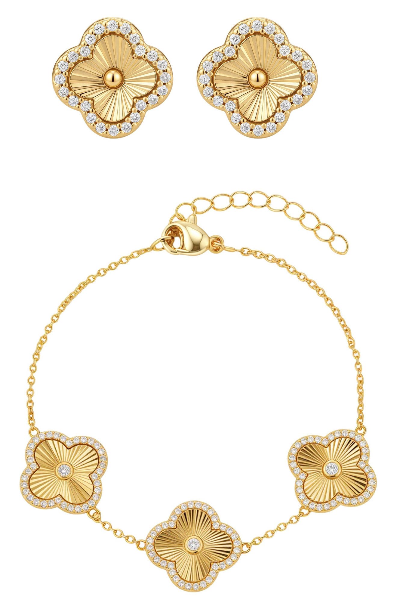 Cubic Zirconia Halo Fluted Bracelet & Earrings Set