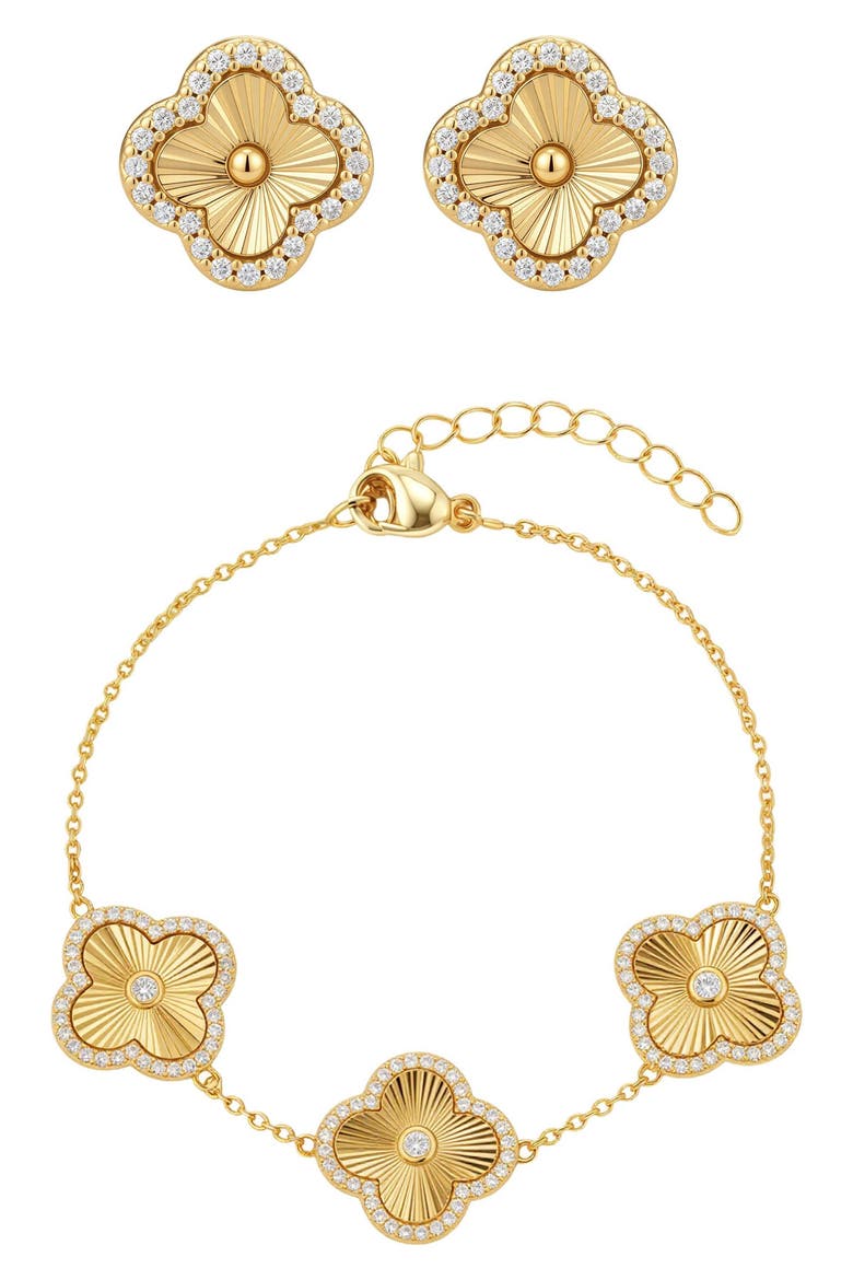 Cubic Zirconia Halo Fluted Bracelet & Earrings Set, Main, color, GOLD